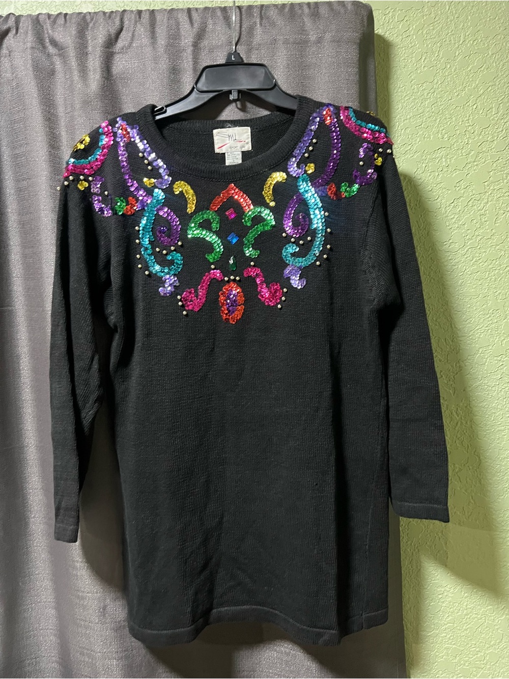 Vintage SML Sport Black Sequin Embellished Sweater Top Colorful Sparkle 90’s